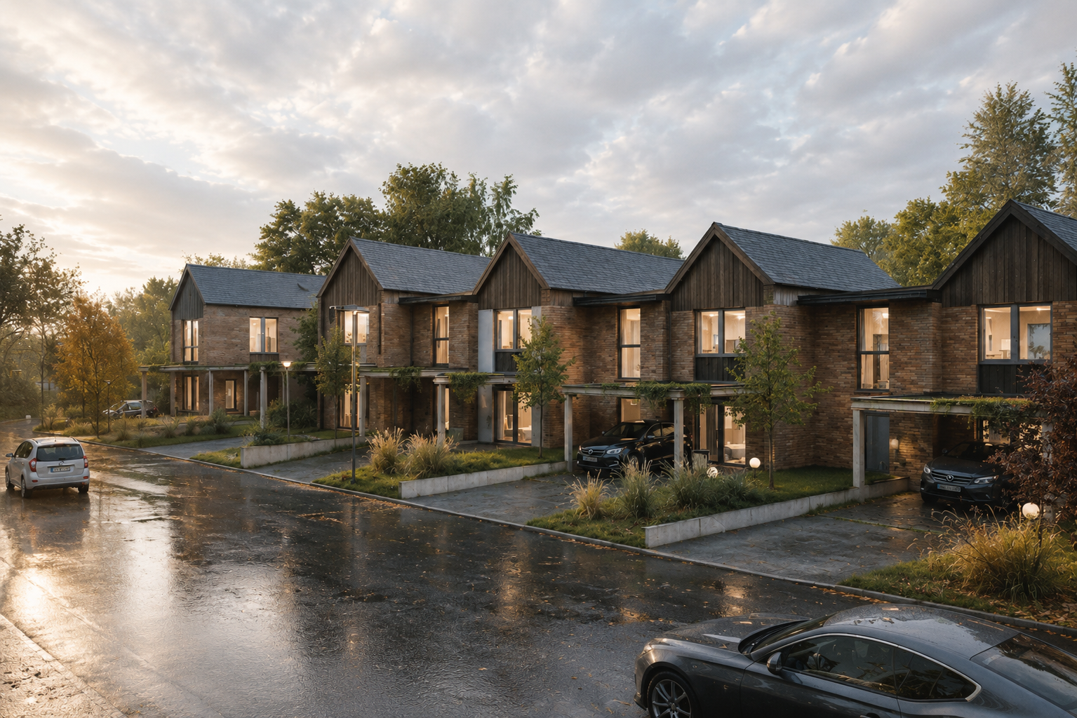 Ensemble résidentiel contemporain conçu par [Loyd Architects](https://loyd-architects.com?utm_source=chatgpt.com), associant logements unifamiliaux et immeuble à pignon vitré, avec façades en brique et bardage bois dans une ambiance résidentielle paysagère en soirée.