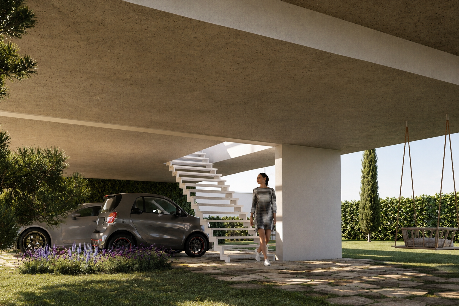 Vue photoréaliste d’une maison contemporaine sur pilotis en Wallonie avec escalier extérieur minimaliste, carport intégré et jardin paysager – architecture moderne signée Loyd Architects