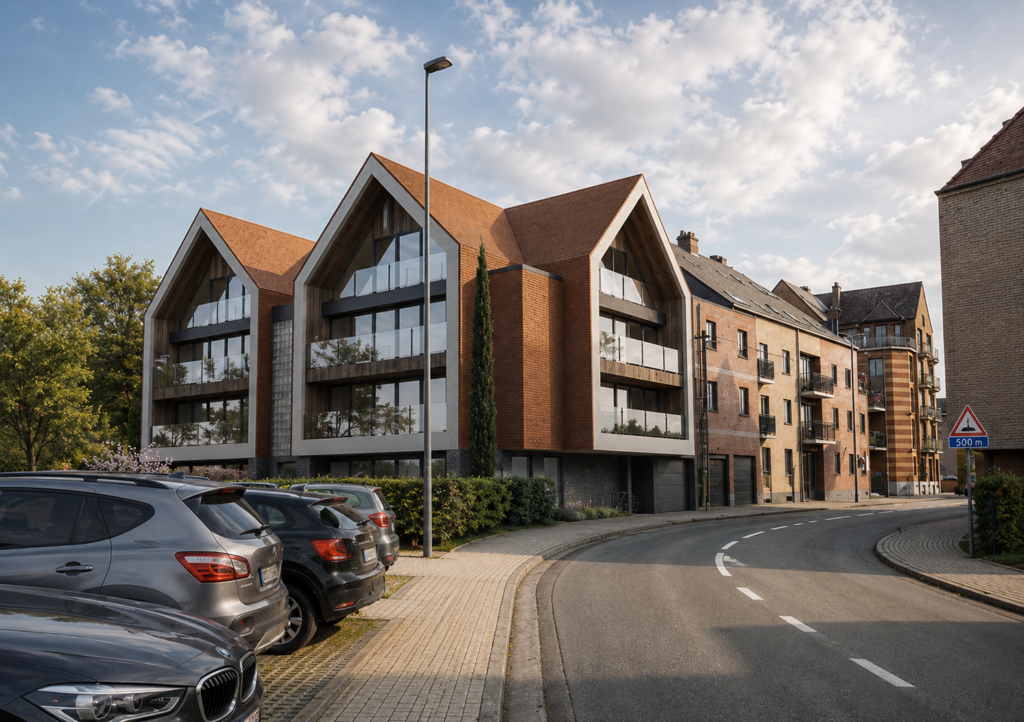 Immeuble de logements contemporains conçu par Loyd Architects à Tubize, associant volumes à pignons, façades en brique, bardage bois et grandes surfaces vitrées dans un environnement urbain résidentiel harmonieux.