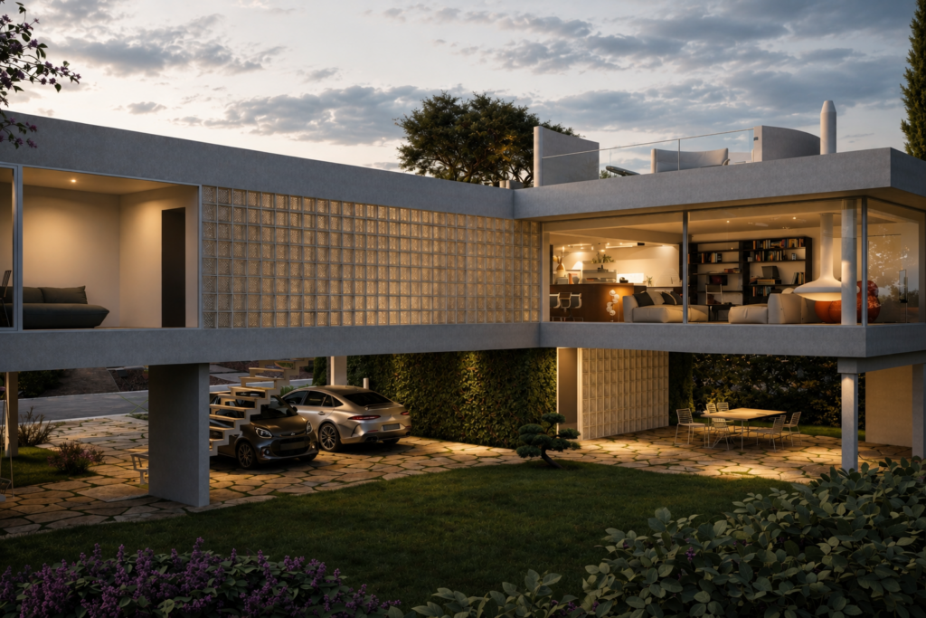 Maison contemporaine sur pilotis en Wallonie avec façade minimaliste, murs en briques de verre, grandes baies vitrées et ambiance chaleureuse au coucher du soleil – architecture résidentielle signée Loyd Architects