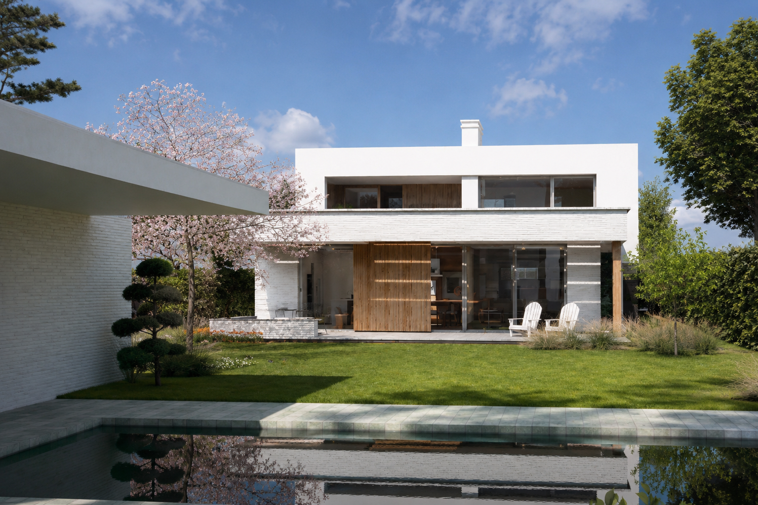 Rénovation et extension contemporaine avec piscine à Hove, près d’Anvers, mêlant briques claires, bois naturel et larges baies vitrées dans une architecture minimaliste lumineuse et écoénergétique – projet résidentiel signé Loyd Architects