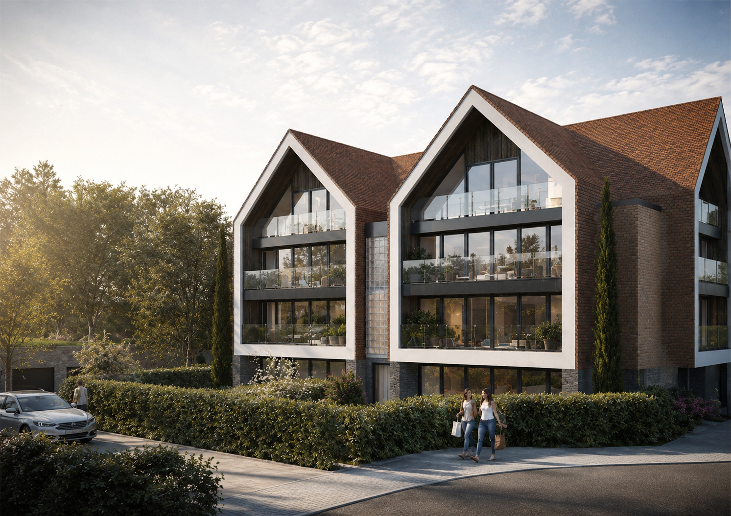 Immeuble de logements contemporains conçu par Loyd Architects à Tubize, mêlant façades en brique, larges ouvertures vitrées, balcons généreux et intégration paysagère dans un environnement résidentiel verdoyant.