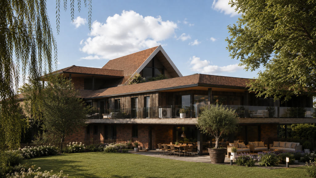 Maison contemporaine conçue par [Loyd Architects](https://loyd-architects.com?utm_source=chatgpt.com), associant bardage bois, façades en brique, larges terrasses et grandes ouvertures vitrées au cœur d’un vaste jardin paysager familial.