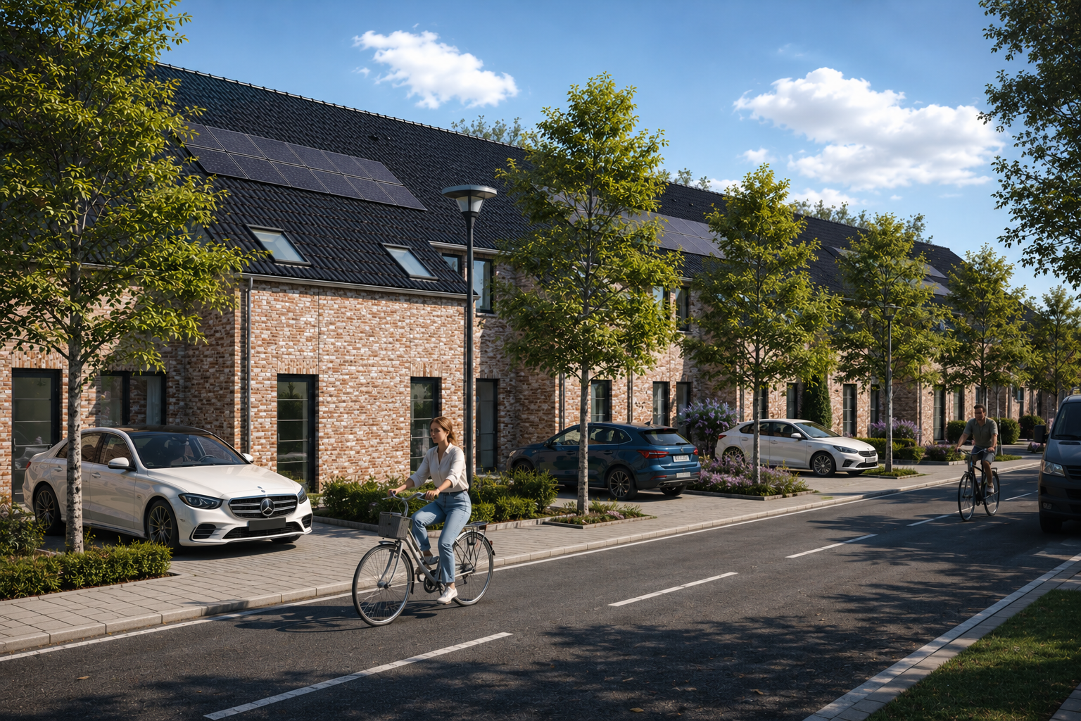Ensemble résidentiel contemporain conçu par Loyd Architects, composé de maisons en brique avec toitures noires, panneaux solaires, trottoirs paysagers et rue arborée favorisant une mobilité douce et un cadre de vie durable.