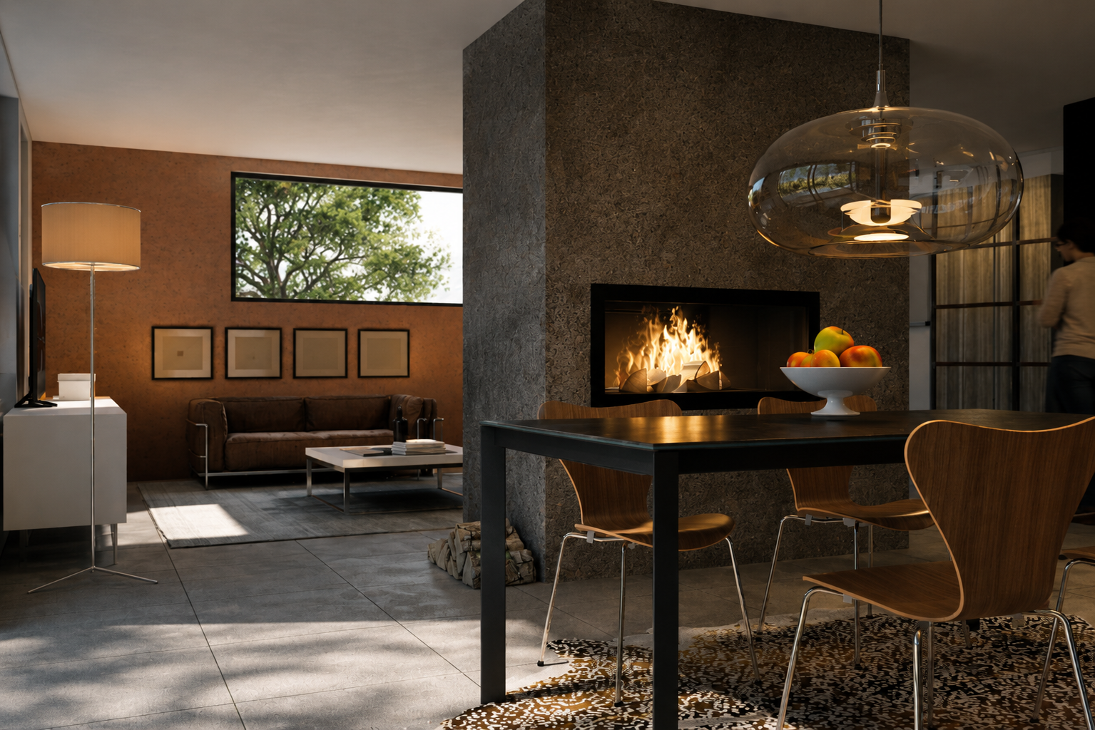 Architecture d’intérieur contemporaine réalisée par Loyd Architects dans le cadre d’une rénovation et extension en Belgique, avec cheminée traversante, mobilier design en bois, lumière naturelle et ambiance chaleureuse inspirée des magazines d’architecture haut de gamme.