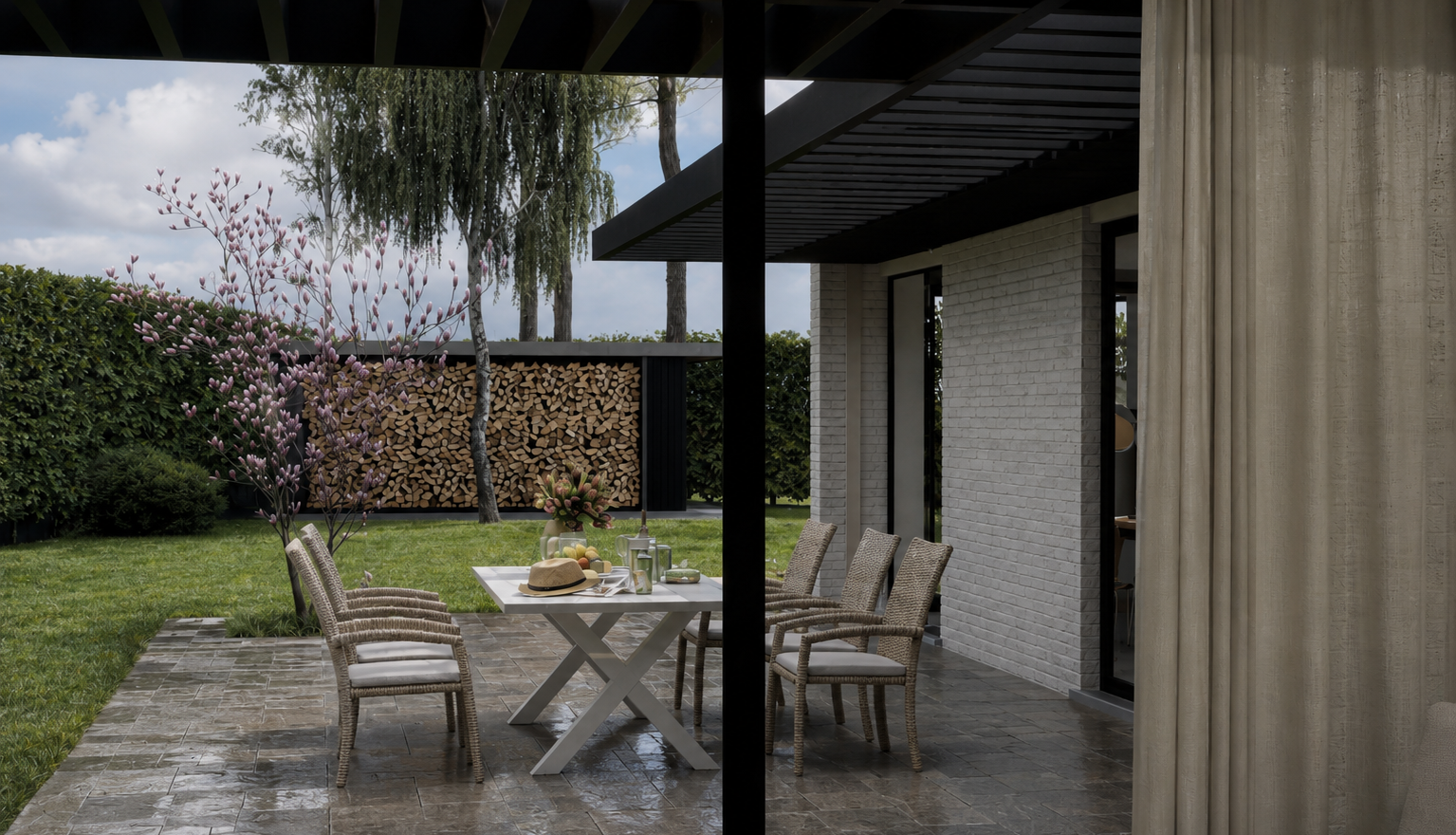 Terrasse contemporaine signée Loyd Architects dans le cadre d’une rénovation et extension en Belgique, avec pergola métallique noire, mobilier extérieur élégant, jardin paysager et ambiance photoréaliste de magazine d’architecture mettant en valeur le dialogue entre intérieur et extérieur.