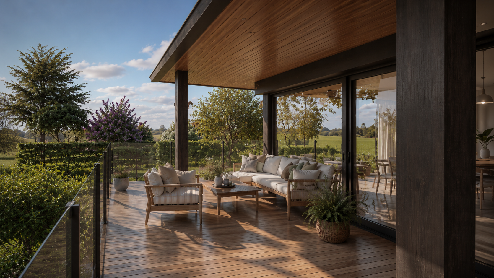 Terrasse contemporaine imaginée par [Loyd Architects](https://loyd-architects.com?utm_source=chatgpt.com), mêlant bardage bois, larges baies vitrées et espace extérieur paysager ouvert sur la campagne, dans une architecture chaleureuse et lumineuse tournée vers le confort de vie.