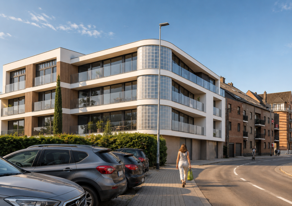 Immeuble résidentiel contemporain conçu par Loyd Architects à Tubize, caractérisé par des lignes épurées, de longues terrasses vitrées, des façades claires et des touches de bardage bois s’intégrant harmonieusement au tissu urbain existant.
