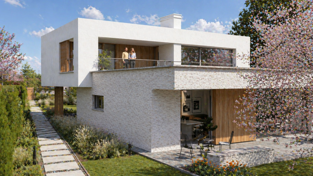 Rénovation et extension contemporaine à Hove, près d’Anvers, avec volumes minimalistes, briques claires, terrasse paysagée, larges ouvertures vitrées et architecture résidentielle durable intégrée à son environnement – projet signé Loyd Architects